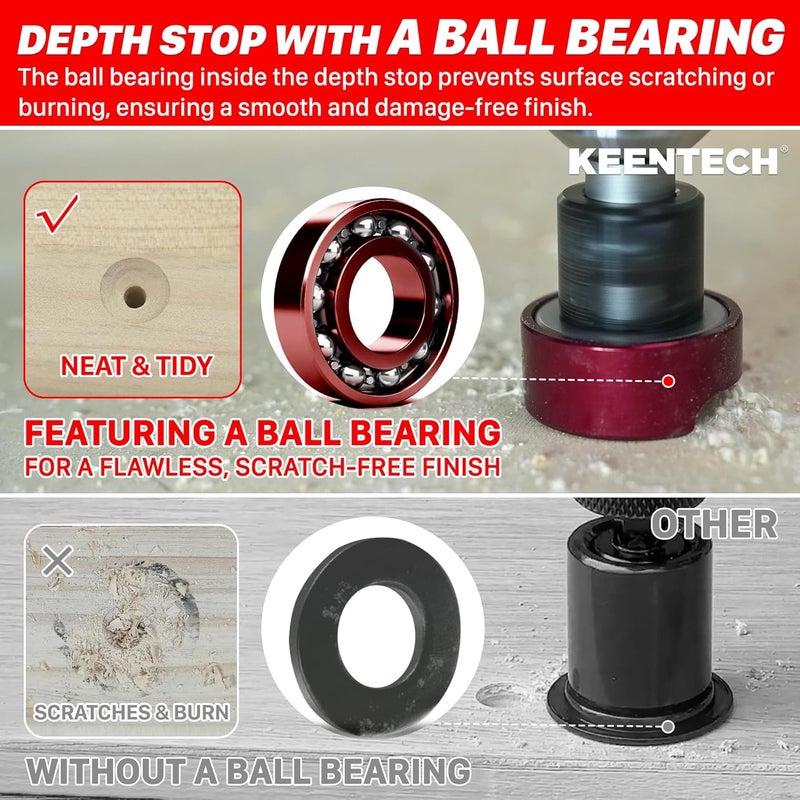 KEENTECH Carbide Tipped 82° Countersink Drill Bit with Depth Stop, 3/8" Dia x 1/8" Drill Diameter x 1/4" Shank, Adjustable Depth Stop with Ball Bearing for High Fine Finish on Softwood and Hardwood - Image 2